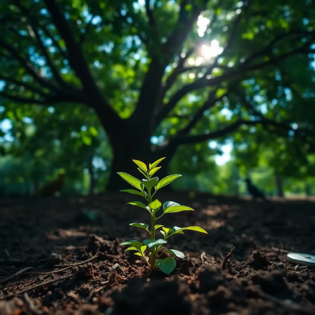 A young native sapling emerging from dark soil beneath a mature neem canopy with a bulbul bird in soft focus